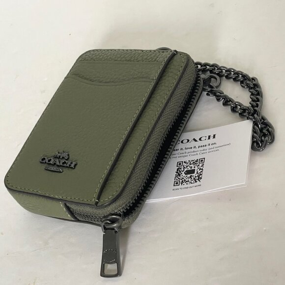Coach Zip Card Case ID Wallet Green Pebbled Leather 6303 Mini Chain Strap ORGPKG - Picture 3 of 4